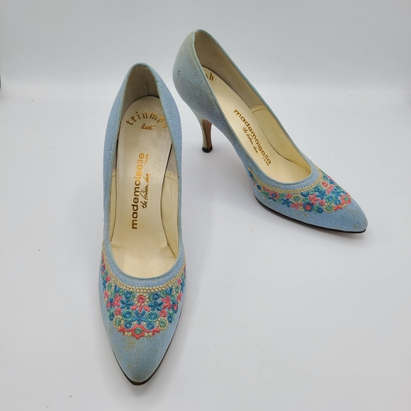 Vintage Mademoiselle Triumph Last Embroidered Floral Baby Blue Pumps Heels - Picture 10 of 10